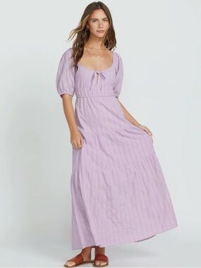 Billabong Lilac Lover Maxi Dress Purple Cotton Puff Sleeve Tiered XS 24B131506